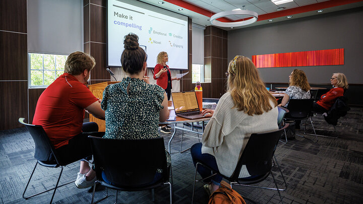 Celeste Spier, the Director of Organizational Development in Human Resources, trains a UNL group on Strategies for Effective Presentations in the Nebraska Union.