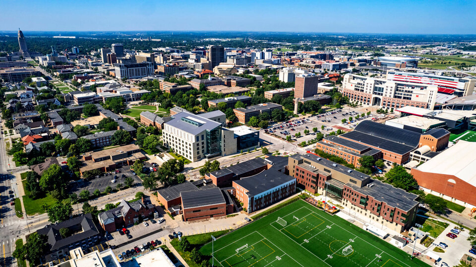 Aerial photo of campus from the north looking south across Jorgensen Hall