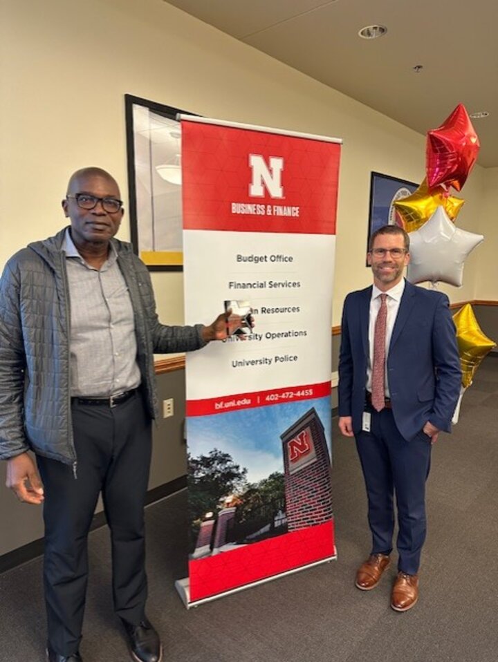 B+F Bravo Award winner Layton Brooks (left) with Senior Associate Vice President and Chief Operating Officer Jon Watts.